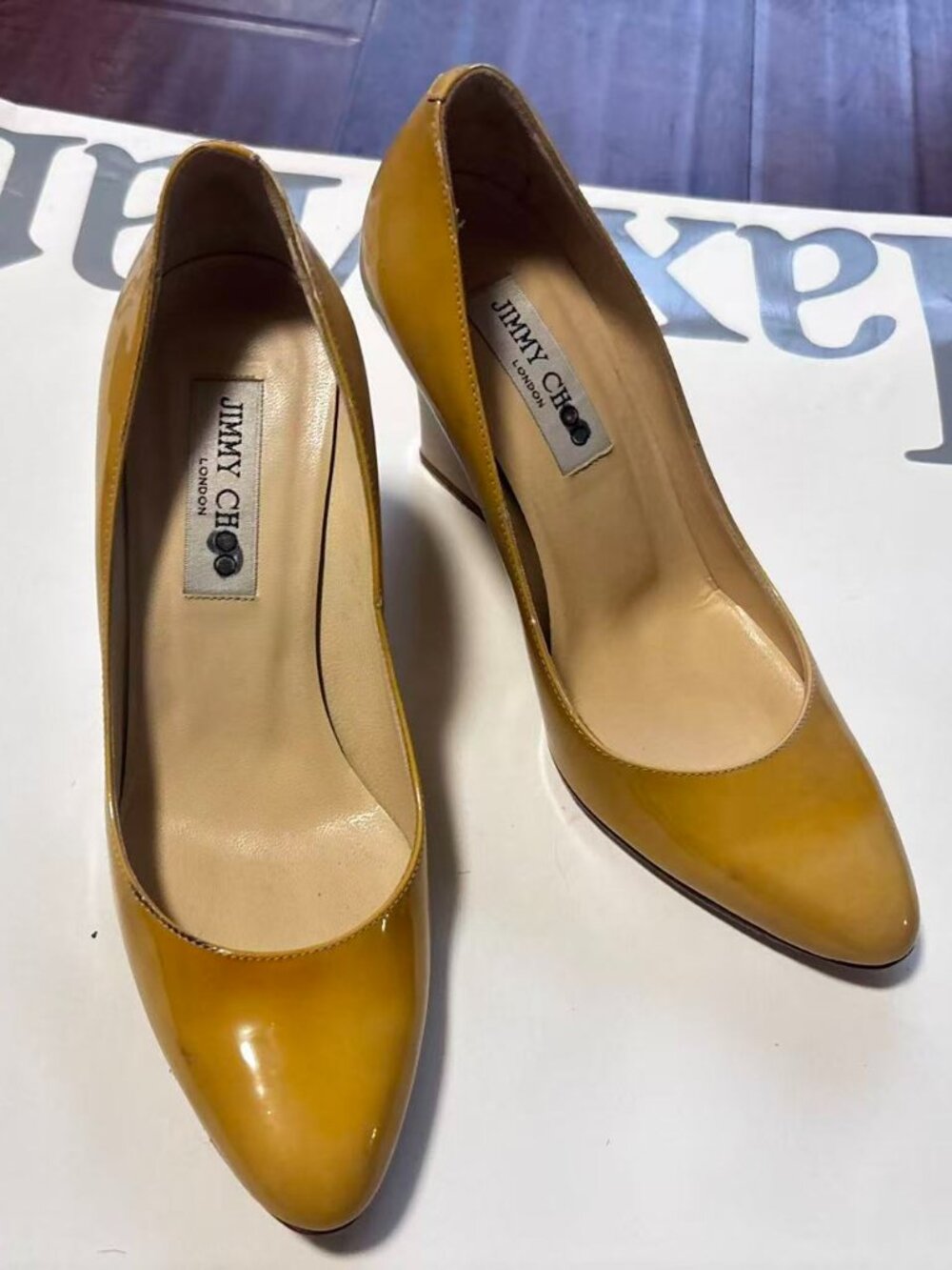 Jimmy Choo Yellow Patent Wedge Pumps EU 37 | Fading